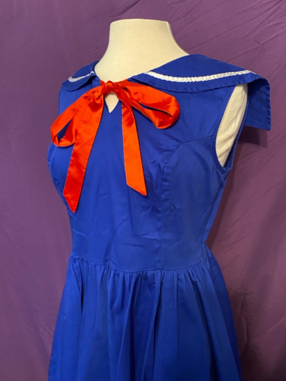 Blue Sailor-Style Fit & Flare Dress with Red Bow. Size 12. - Picture 4 of 7